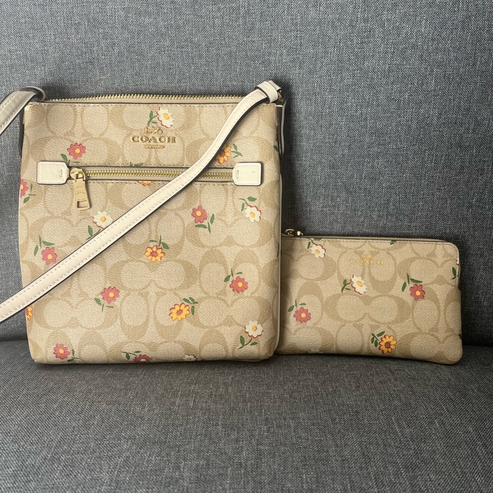 Coach Tan Floral Crossbody Bag and Pouch